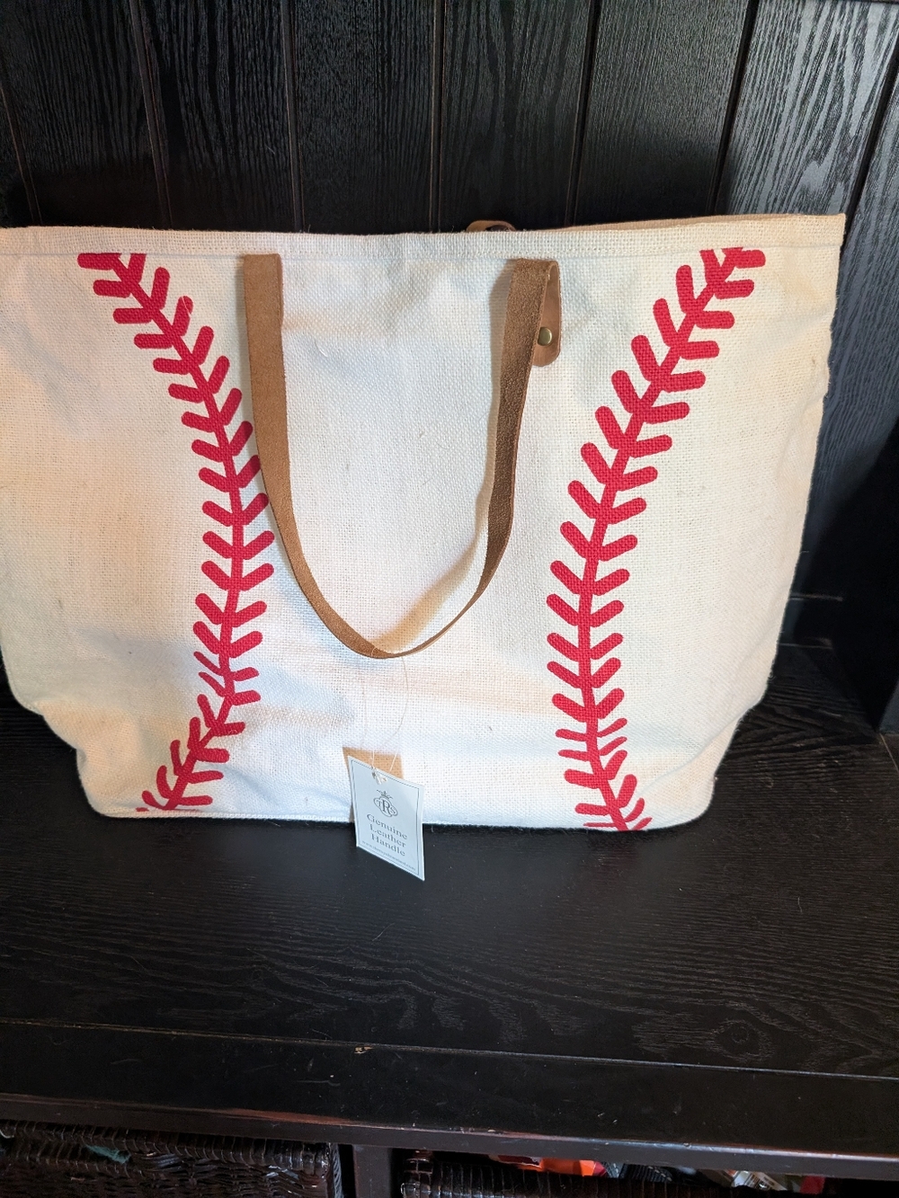 Canvas Twill Baseball Stitch Tote Bag - Red and Cream NWT